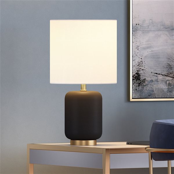 Hailey Home Lambert 15-in H Black and Brass Ceramic Mini Lamp w/ White Fabric Shade