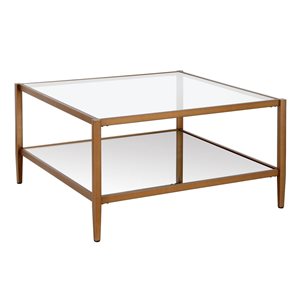 Hailey Home Hera Antique Brass Square Glass Coffee Table w/ Mirror Shelf