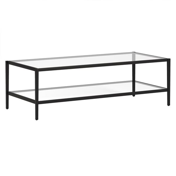 Hailey Home Hera Large Black Glass Coffee Table w/ Glass Shelf