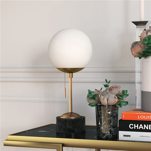 Hailey Home Reagan 17.75-in H Brass/Black Marble Table Lamp with Globe-Shaped Glass Shade