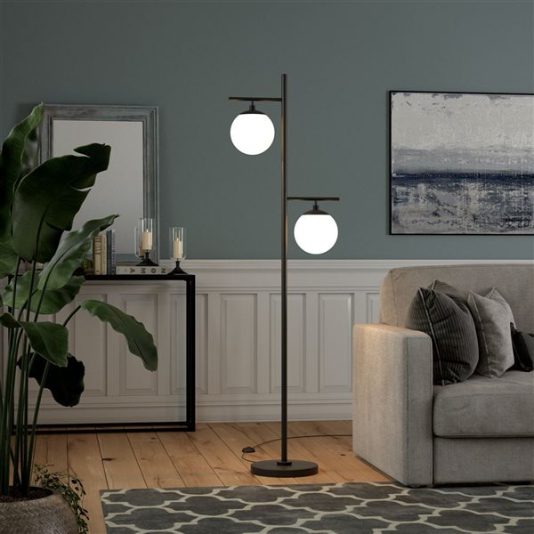 Hailey Home Pyrus 70.5-in H Black 2-Light Floor Lamp w/ White Glass Shades