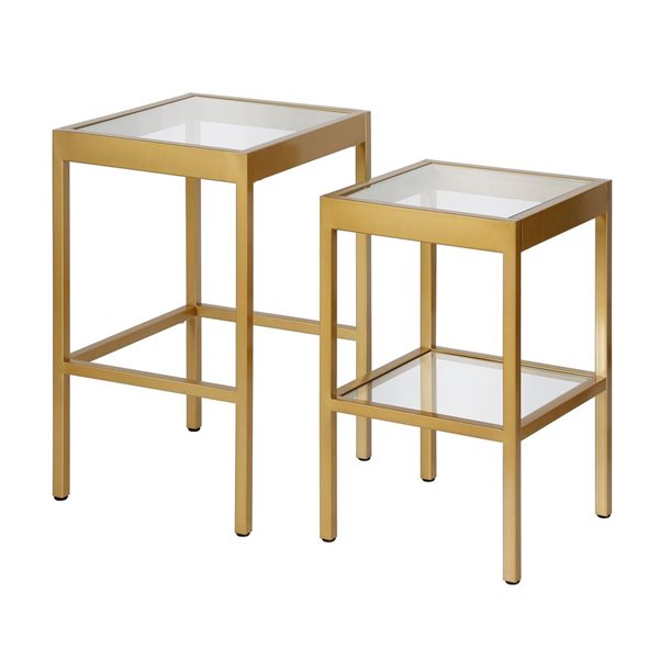 Hailey Home Alexis 2-Piece Brass Glass Square Nested End Tables