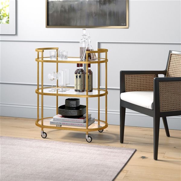 Hailey Home Leif 30 W x 15.5 D X 34.5-in H 2-Tier Brass Metal Oval Bar Cart w/ Wheels