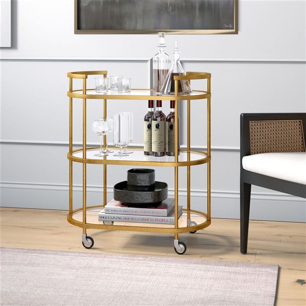 Hailey Home Leif 30 W x 15.5 D X 34.5-in H 2-Tier Brass Metal Oval Bar Cart w/ Wheels