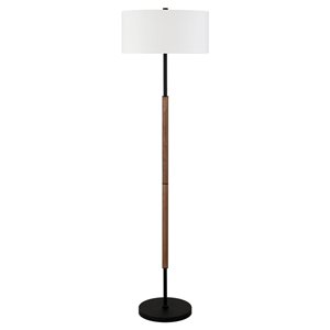 Hailey Home Simone 61-in H Oak and Black 2-Light Floor Lamp w/ White Fabric Shade