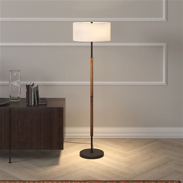 Hailey Home Simone 61-in H Oak and Black 2-Light Floor Lamp w/ White Fabric Shade