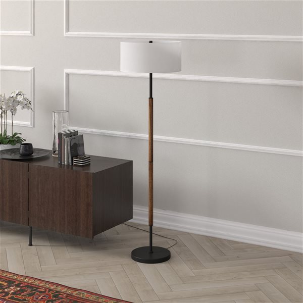 Hailey Home Simone 61-in H Oak and Black 2-Light Floor Lamp w/ White Fabric Shade