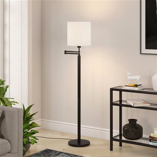 Hailey Home Moby 62-in H Black Swing Arm Floor Lamp w/ White Fabric Shade