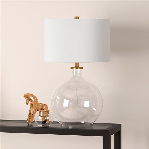 Hailey Home Laelia 24.75-in H Clear Glass/Brass Table Lamp with White Fabric Drum-Shaped Shade