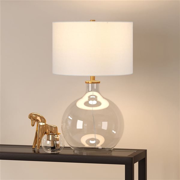 Hailey Home Laelia 24.75-in H Clear Glass/Brass Table Lamp with White Fabric Drum-Shaped Shade