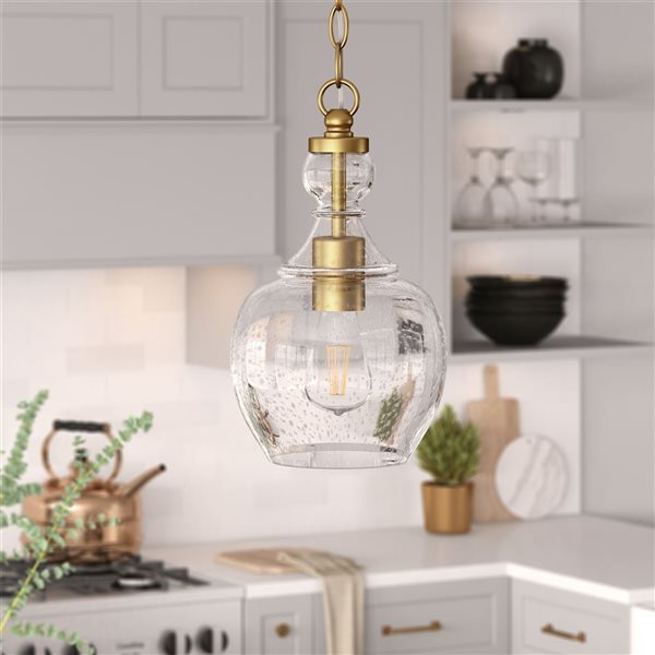 Hailey Home Verona 7-in W Brass Pendant Ceiling Light w/ Bubble Glass Shade