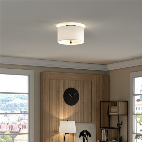 Hailey Home Ellis 12-in W Matte Black Flush Mount Light w/ White Fabric Shade