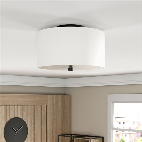 Hailey Home Ellis 12-in W Matte Black Flush Mount Light w/ White Fabric Shade