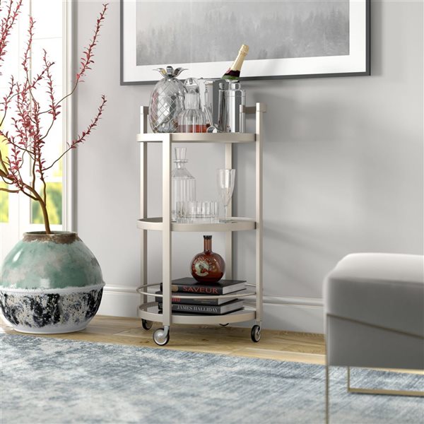 Hailey Home Hause 36 H x 21-in dia 3-Tier Satin Nickel Metal Round Bar Cart w/ Wheels