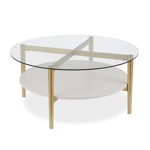 Table basse ronde Otto de Hailey Home laiton avec surface en verre et tablette en MDF