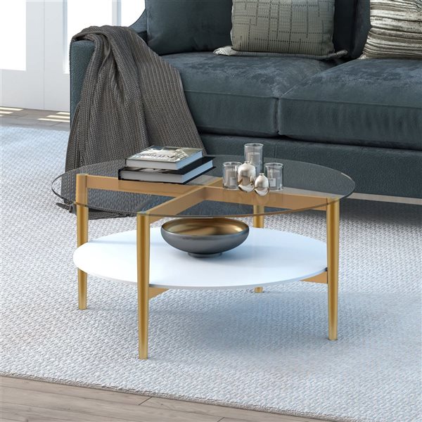 Hailey Home Otto Brass Round Glass Coffee Table w/ MDF Shelf