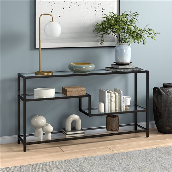 Hailey Home Lovett 55-in W Blackened Bronze Metal Modern Console Table w/ Glass Shelves