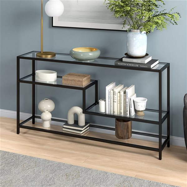 Hailey Home Lovett 55-in W Blackened Bronze Metal Modern Console Table w/ Glass Shelves