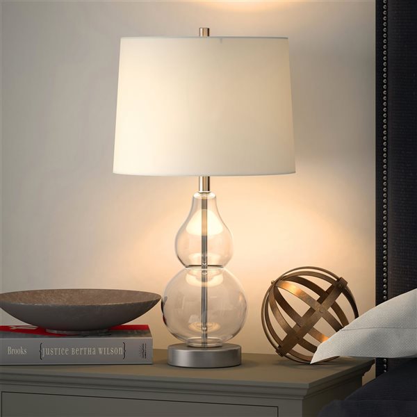 Hailey Home Katrina 21.25-in H Clear Glass/Satin Nickel Metal Table Lamp with White Fabric Shade