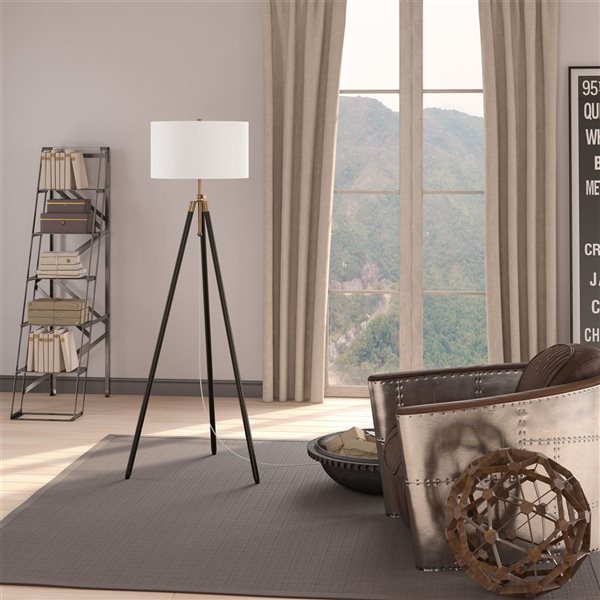 Hailey Home Kahn 67-in H Black and Brass Floor Lamp w/ White Fabric Shade