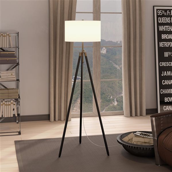 Hailey Home Kahn 67-in H Black and Brass Floor Lamp w/ White Fabric Shade