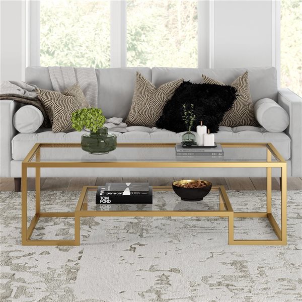 Table basse Athena de Hailey Home grand format laiton avec surface en verre