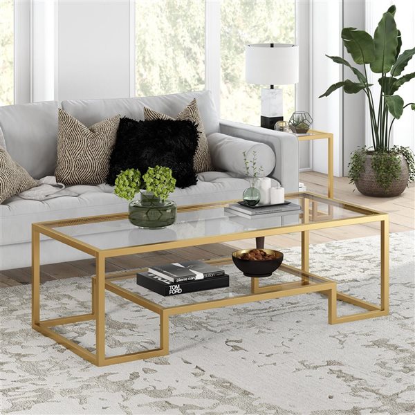 Table basse Athena de Hailey Home grand format laiton avec surface en verre