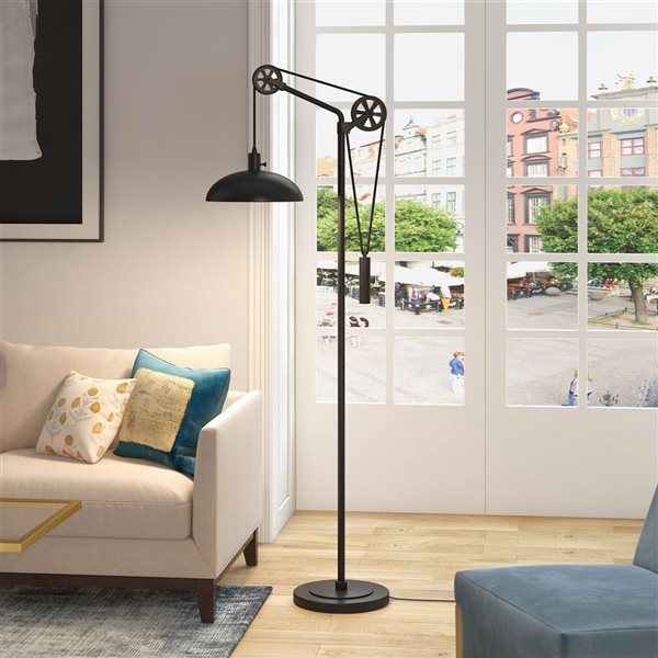 Hailey Home Neo 72-in H Black Spoke Wheel Pulley System Floor Lamp w/ Metal Shade