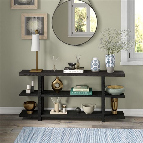 Hailey Home Acosta 64-in W Black Woodgrain MDF Farmhouse 3-Shelf Console Table