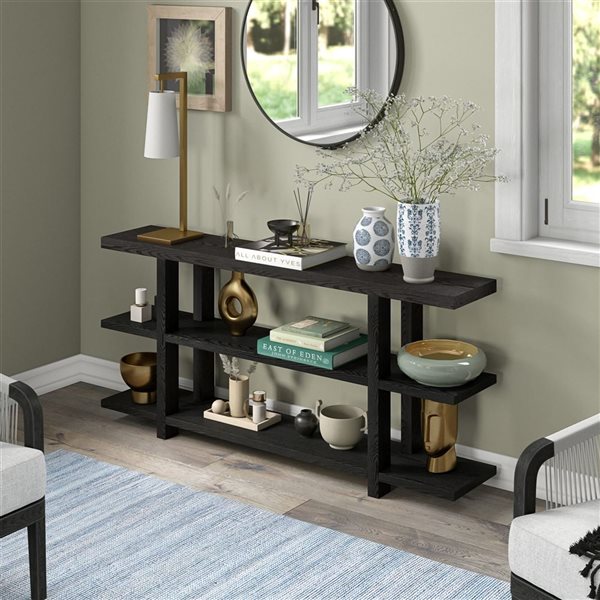 Hailey Home Acosta 64-in W Black Woodgrain MDF Farmhouse 3-Shelf Console Table