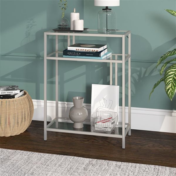 Hailey Home Cortland 22 W x 29.5-in H Satin Nickel Metal Industrial Console Table w/ Glass Shelves