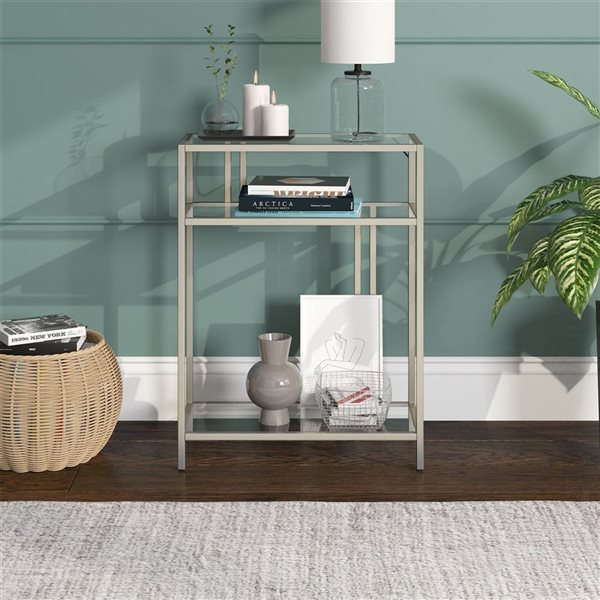 Hailey Home Cortland 22 W x 29.5-in H Satin Nickel Metal Industrial Console Table w/ Glass Shelves