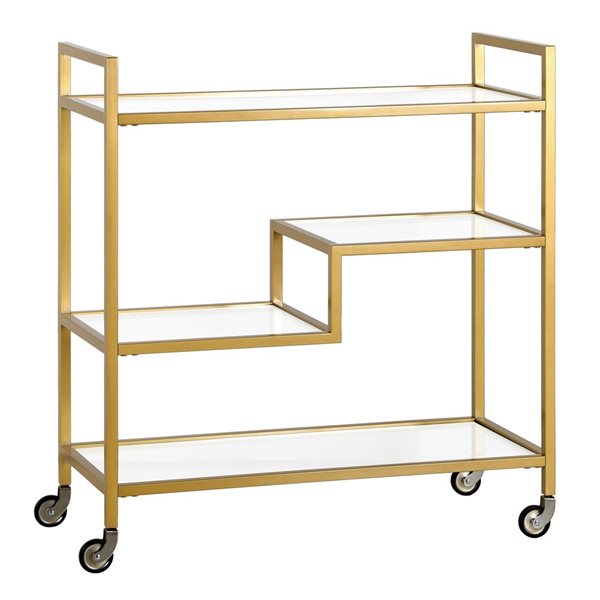 Hailey Home Lovett 33 W X 14 D x 36-in H 3-Tier Brass Metal Bar Cart w/ Glass Shelves and Wheels