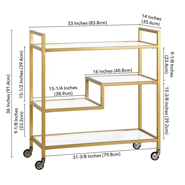 Hailey Home Lovett 33 W X 14 D x 36-in H 3-Tier Brass Metal Bar Cart w/ Glass Shelves and Wheels