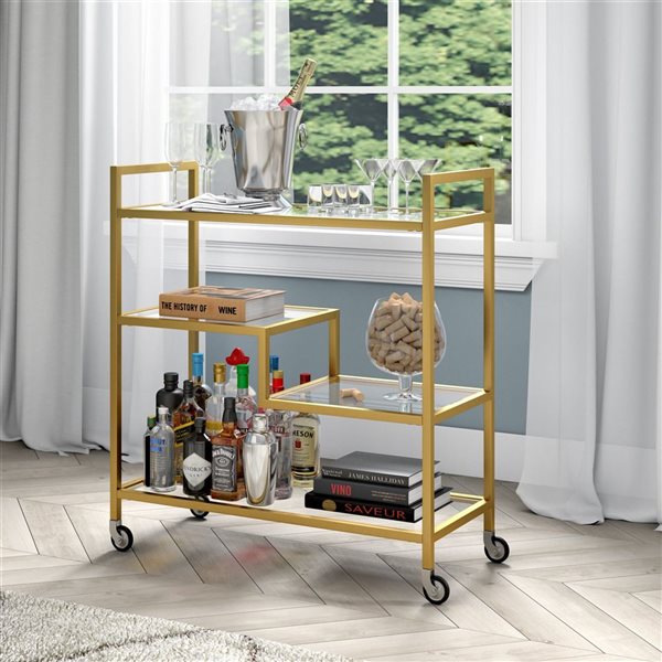 Hailey Home Lovett 33 W X 14 D x 36-in H 3-Tier Brass Metal Bar Cart w/ Glass Shelves and Wheels