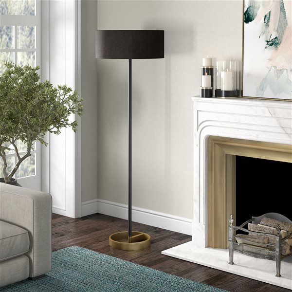 Hailey Home Estella 62-in H Black and Brass Floor Lamp w/ Black Fabric Shade