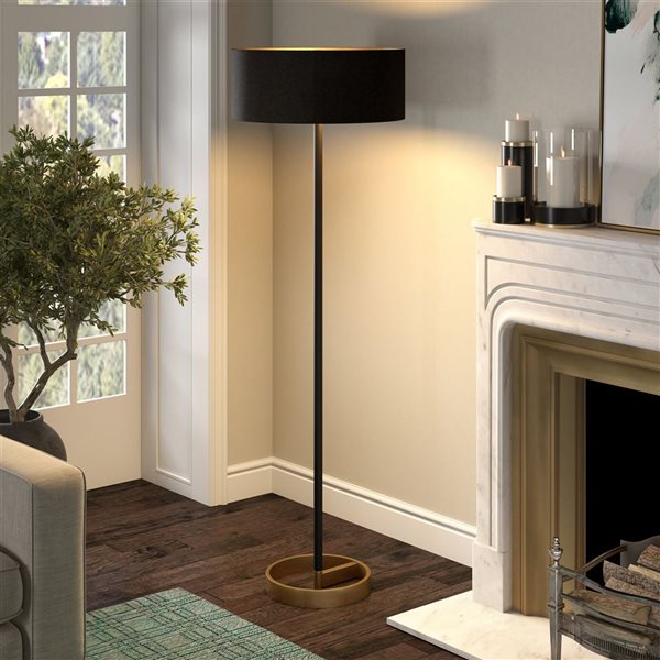 Hailey Home Estella 62-in H Black and Brass Floor Lamp w/ Black Fabric Shade