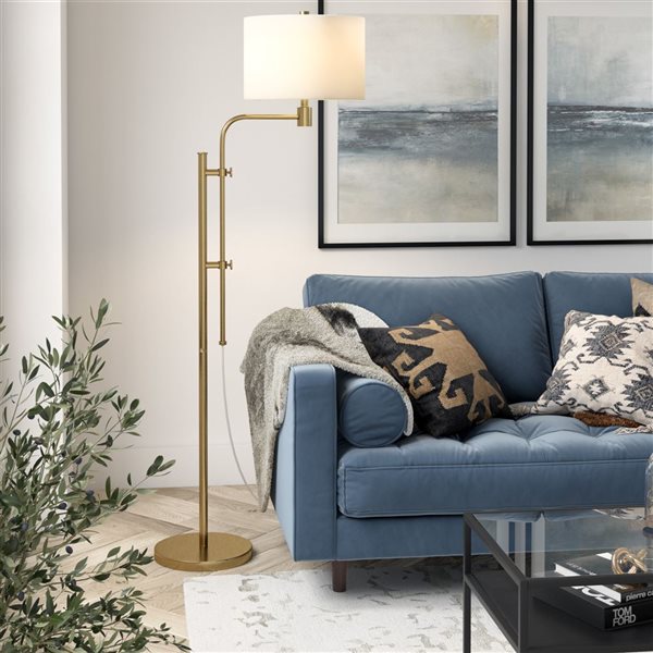 Hailey Home Polly 71-in H Brass Height-Adjustable Floor Lamp w/ White Fabric Shade