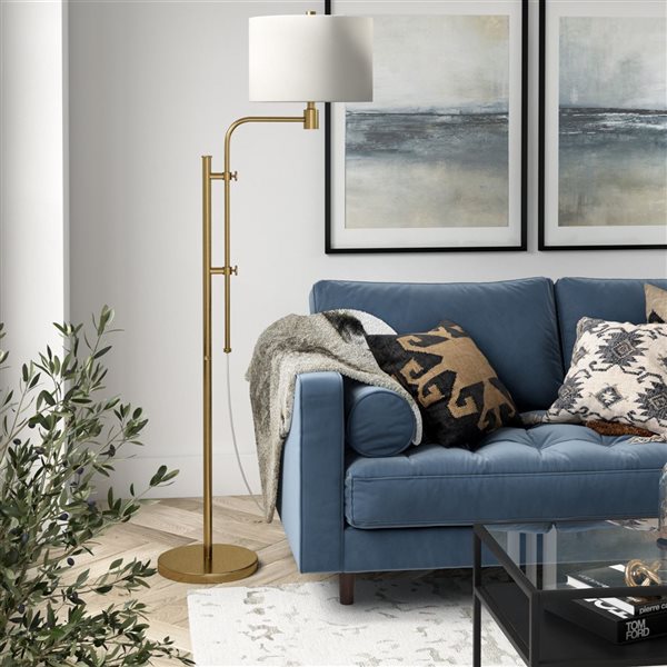 Hailey Home Polly 71-in H Brass Height-Adjustable Floor Lamp w/ White Fabric Shade