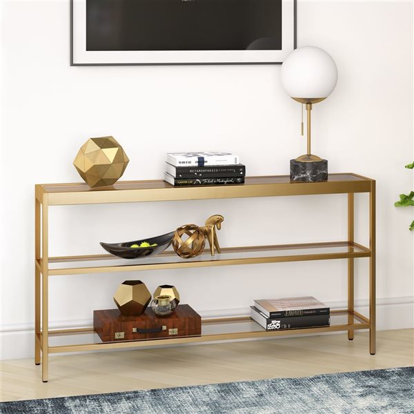 Hailey Home Alexis 55-in W Brass Metal Modern Console Table w/ w/ Glass Shelves