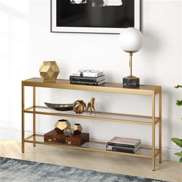 Hailey Home Alexis 55-in W Brass Metal Modern Console Table w/ w/ Glass Shelves