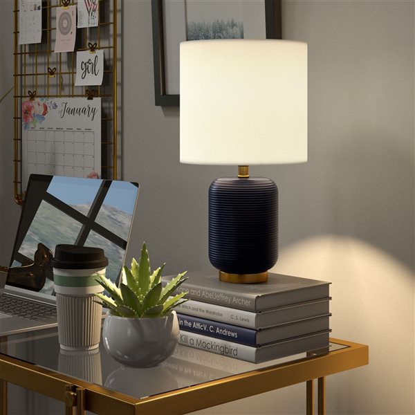 Hailey Home Lambert 15-in H Navy Blue and Brass Ceramic Mini Lamp w/ White Fabric Shade