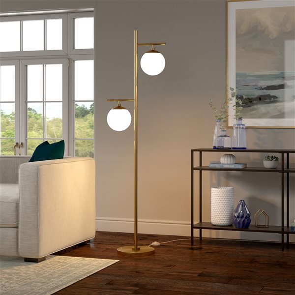 Hailey Home Pyrus 70.5-in H Brass 2-Light Floor Lamp w/ White Glass Shades