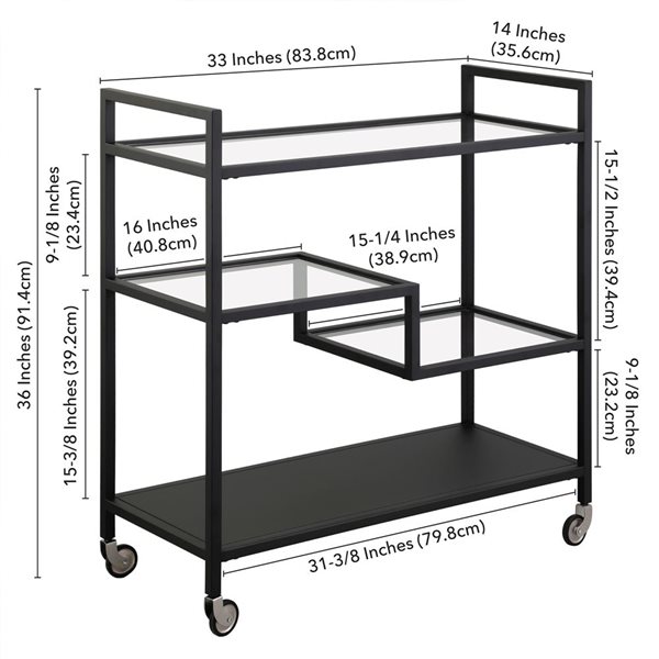 Hailey Home Lovett 33 W X 14 D x 36-in H Blackened Bronze Metal Bar Cart w/ Glass Shelves and Wheels