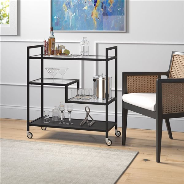 Hailey Home Lovett 33 W X 14 D x 36-in H Blackened Bronze Metal Bar Cart w/ Glass Shelves and Wheels