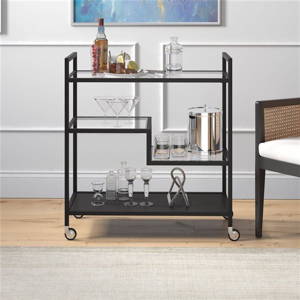 Hailey Home Lovett 33 W X 14 D x 36-in H Blackened Bronze Metal Bar Cart w/ Glass Shelves and Wheels