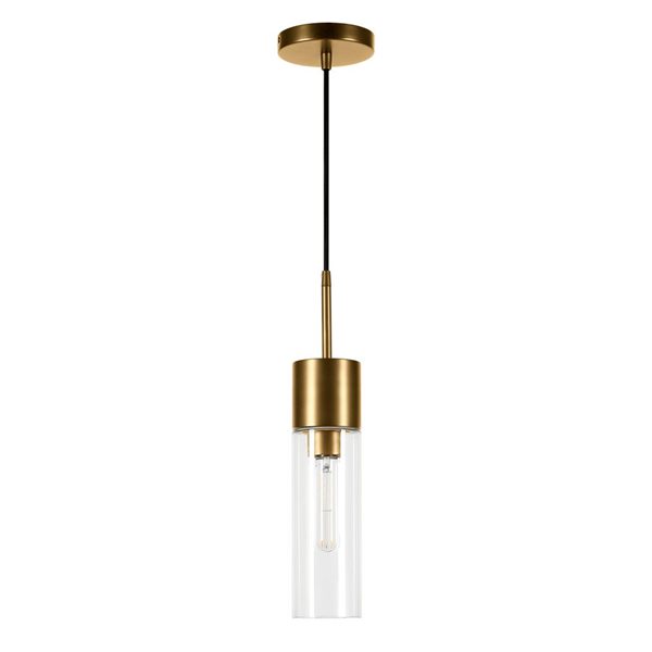 Hailey Home Lance 3.5-in W Brass Cylinder Pendant Ceiling Light w/ Clear Glass Shade