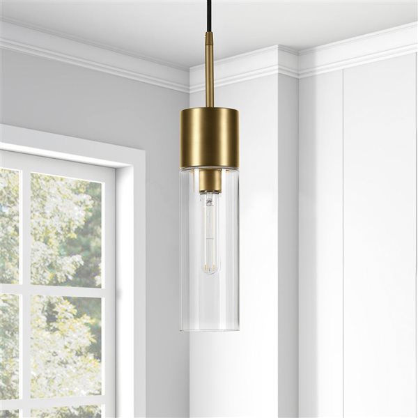 Hailey Home Lance 3.5-in W Brass Cylinder Pendant Ceiling Light w/ Clear Glass Shade