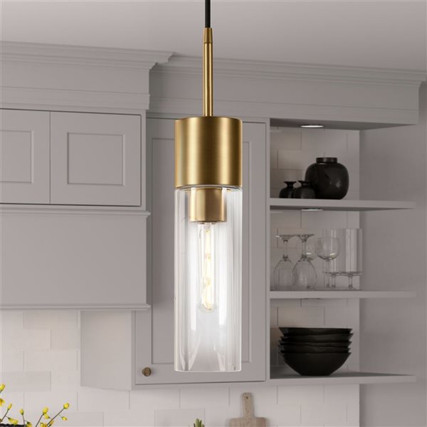 Luminaire suspendu cylindrique Lance Hailey Home 3,5 po l. laiton avec abat-jour en verre transparent