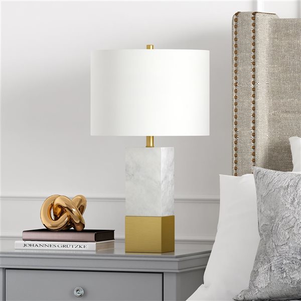 Hailey Home Lena 21.5-in H White Marble/Brass Base Table Lamp with White Fabric Shade